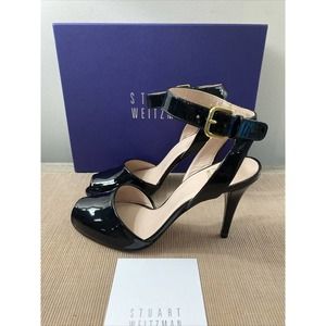 Stuart Weitzman Black Patent Leather Waycool Peeptoe Shoes Size 8.5 M NEW Sandal